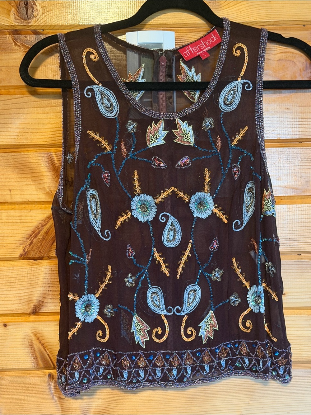 Aftershock Brown Beaded & Embroidered Floral Paisley Silk Top Size Large - Picture 2 of 6